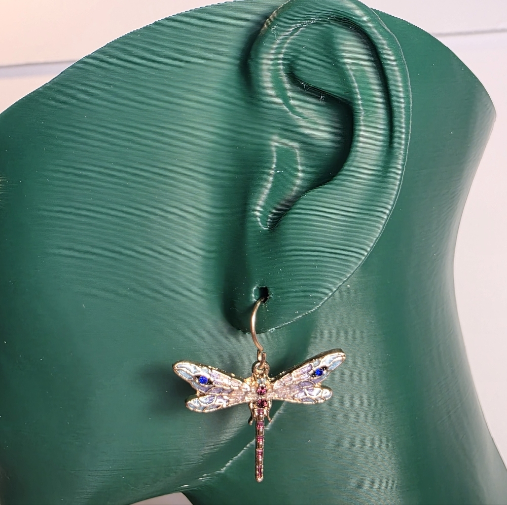 Gold Dragonfly Crystal Nouvelle Art Deco Dangle Earrings By Stauer Jewelry - Picture 5 of 6